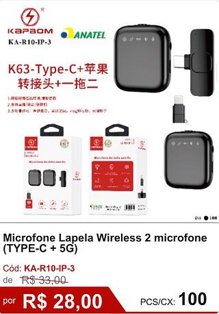Microfone Lapela Wireless 2 microfone (TYPE-C + 5G)R$ 14,00 PCS/CX: 100