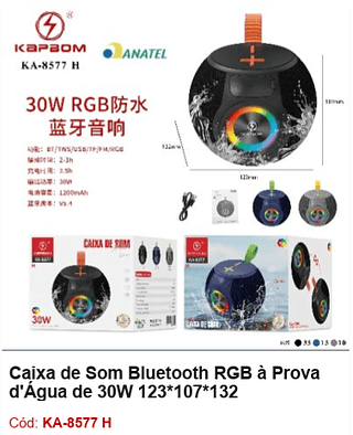 Caixa de Som Bluetooth RGB à Prova d'Água de 30W R$43,2 PCS/CX:60