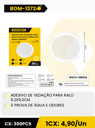 ADESIVO DE VEDAÇÃO PARA RALO 9.2X9.2CM À PROVA DE ÁGUA E ODORES CX: 300PCS 1CX: 4,90/Un