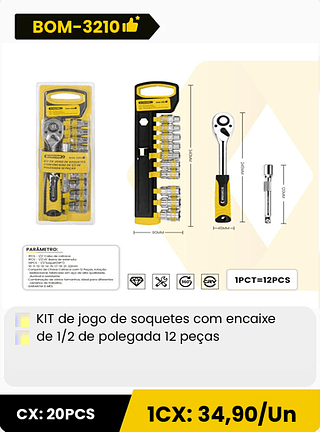 KIT de jogo de soquetes com encaixe de 1/2 de polegada 12 peças CX: 20PCS 1CX: 34,90/Un