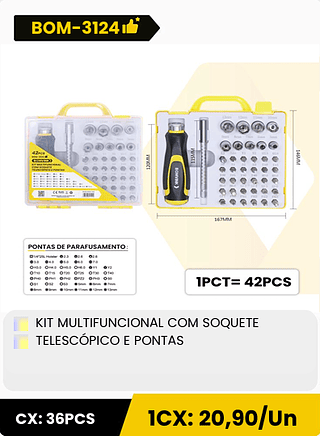 KIT MULTIFUNCIONAL COM SOQUETE TELESCÓPICO E PONTAS CX: 36PCS 1CX: 20,90/Un