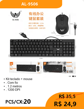 Kit teclado + mouse PCS/CX:20 R$ 24,9