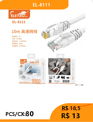 CABO DE REDE 10M PCS/CX:80 R$13