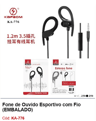 Fone de Ouvido Esportivo com Fio R$4,05 PCS/CX:500