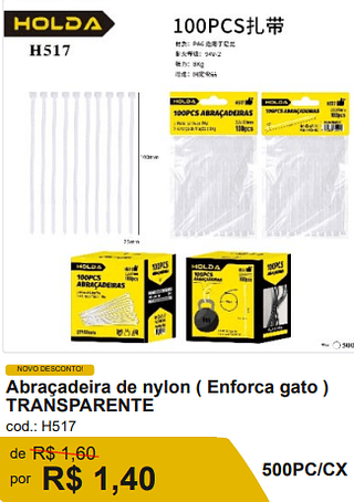 Abraçadeira de nylon ( Enforca gato ) TRANSPARENTE R$ 1.26 500PC/CX