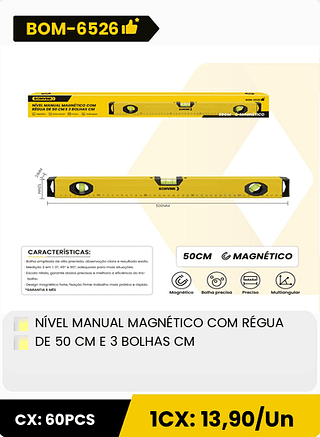 NÍVEL MANUAL MAGNÉTICO COM RÉGUA DE 50 CM E 3 BOLHAS CM CX: 60PCS 1CX: 13,90/Un