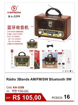 Rádio 3Bands AM/FM/SW Bluetooth 5W R$94,5 PCS/CX: 16