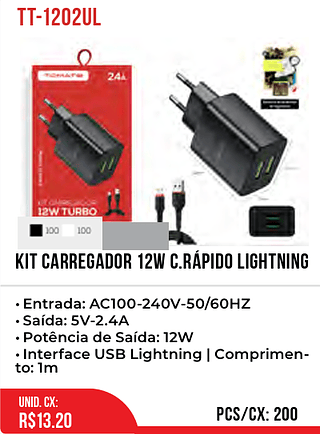 KIT CARREGADOR 12W c.rápido lightning 200pç=13,2$