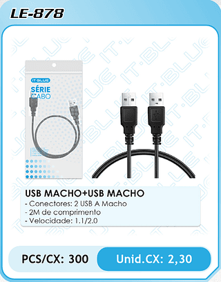 USB MACHO+USB MACHO - Conectores: 2 USB A Macho - 2M de comprimento - Velocidade: 1.1/2.0 PCS/CX: 300 Unid.CX: 2,30