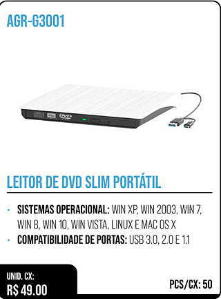 LEITOR DE DVD SLIM PORTÁTIL UNID. CX: R$ 49.00 PCS/CX: 50