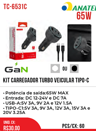 Kit Carregador Turbo Veicular Tipo-c 60pç=30$