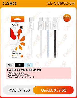 CABO TYPE-C 66W PD PCS/CX: 250 Unid.CX: 7,50
