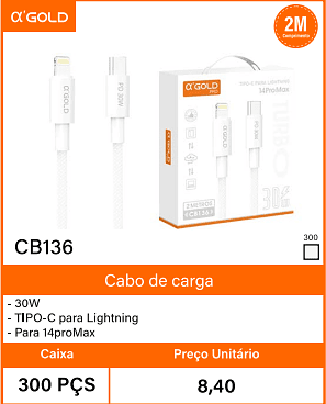 Cabo de carga 30W- Caixa 300 PCS Preco Unitario 8,40