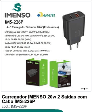 Carregador IMENSO 20w 2 Saídas com Cabo 100PC/CX R$12,6