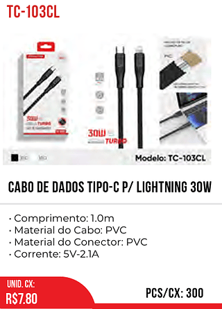CABO DE DADOS TIPO-C P/ LIGHTNING 30W 300pç=7,8$
