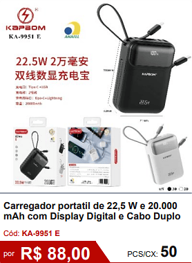 Carregador portatil de 22,5 W e 20.000 mAh com Display Digital e Cabo Duplo R$ 79.20 PCS/CX: 50