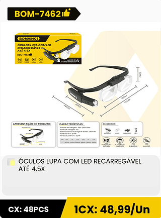 ÓCULOS LUPA COM LED RECARREGÁVEL ATÉ 4.5X CX: 48PCS 1CX: 48,99/Un