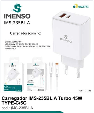Carregador Turbo 45W TYPE-C/5G 100PC/CX R$28,8