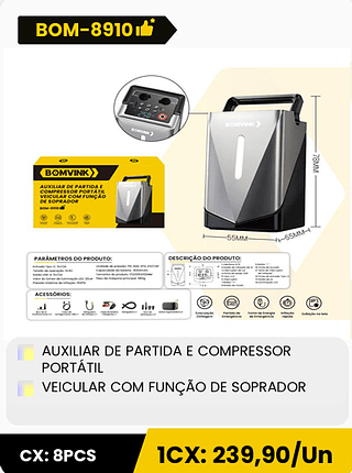 AUXILIAR DE PARTIDA E COMPRESSOR PORTÁTIL VEICULAR COM FUNÇÃO DE SOPRADOR CX: 8PCS 1CX: 239,90/Un