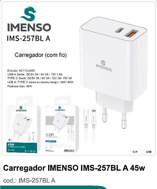 Carregador IMENSO 45w 100PC/CX R$28,8