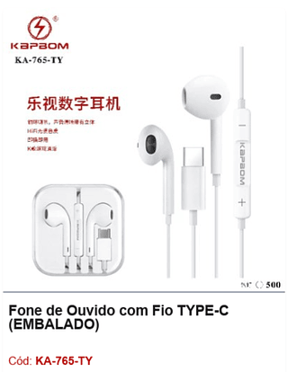 Fone de Ouvido com Fio TYPE-C R$4,95 PCS/cx:500