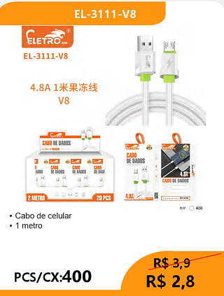 CABO V8 PCS/CX:400 R$2,8