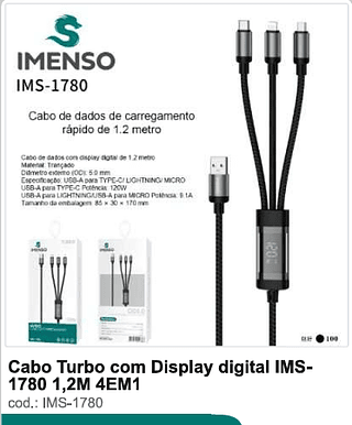 Cabo Turbo com Display digital 1,2M 4EM1 100PC/CX R$12,6