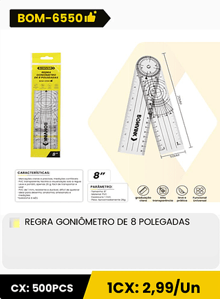 REGRA GONIÔMETRO DE 8 POLEGADAS CX: 500PCS 1CX: 2,99/Un
