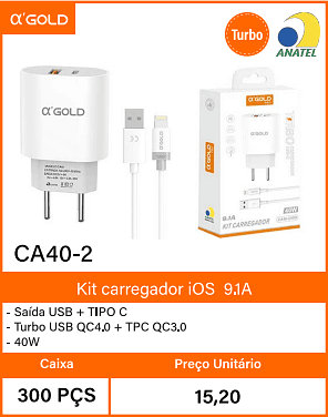 Kit carregador iOS9.1A Caixa 300 PCS Preco Unitario 15,20