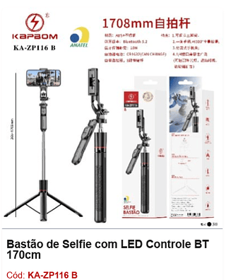 Bastão de Selfie com LED Controle BT 170cm R$ 27 PCS/CX:50