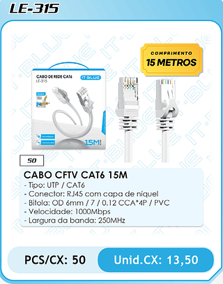 CABO CFTV CAT6 15M - Tipo: UTP / CAT6 - Conector: RJ45 com capa de níquel - Bitola: OD 6mm / 7 / 0.12 CCA*4P / PVC - Velocidade: 1000Mbps - Largura da banda: 250MHz PCS/CX: 50 Unid.CX: 13,50
