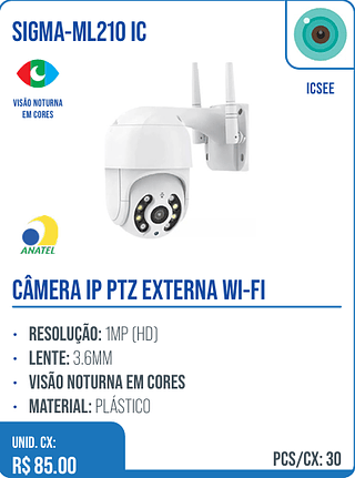 CÂMERA IP PTZ EXTERNA WI-FI UNID. CX: R$ 85.00 PCS/CX: 30