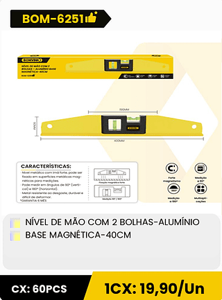 NÍVEL DE MÃO COM 2 BOLHAS-ALUMÍNIO BASE MAGNÉTICA-40CM CX: 60PCS 1CX: 19,90/Un