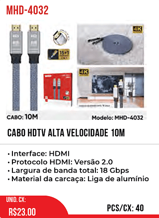 Cabo HDTV Alta Velocidade 10M 40pç=23$