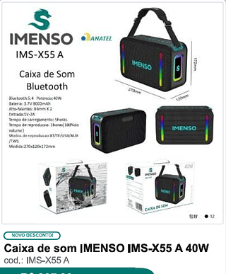 po Caixa de som IMENSO 40W R$211,5 PC/CX 12