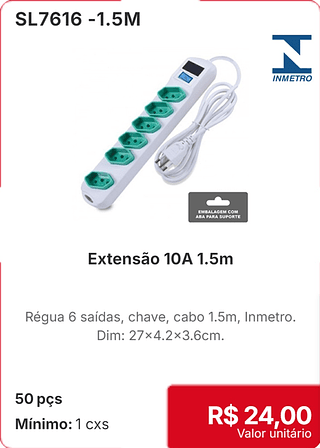 Extensão 10A 1.5m 50 pçs R$ 24,00