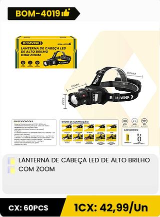 LANTERNA DE CABEÇA LED DE ALTO BRILHO COM ZOOM CX: 60PCS 1CX: 42,99/Un