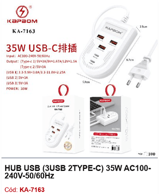 HUB USB (3USB 2TYPE-C) 35W AC100240V-50/60Hz R$ 7,2 PCS/CX:100