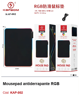 Mousepad antiderrapante RGB R$ 14,85 PCS/CX:50