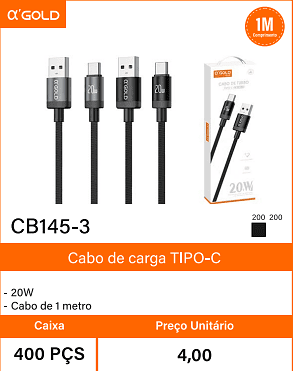 Cabo de cargaTIPO-C Caixa 400 PCS Preco Unitario 4,00
