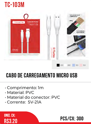 CABO DE CARREGAMENTO MICRO USB 300pç=3,2$