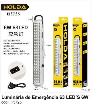 Luminária de Emergência 63 LED´S 6W R$ 37,8 PC/CX:40