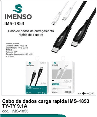 Cabo de dados carga rápida TY-TY 9.1A 200PC/CX R$5,4