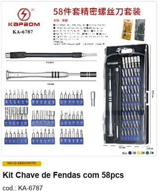 Kit Chave de Fendas com 58pcs R$ 18 PC/CX:60