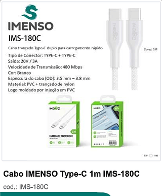 Cabo IMENSO Type-C 1m 100PC/CX R$9