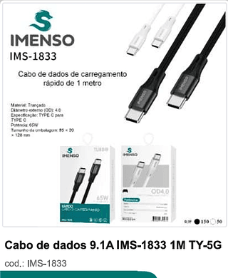 Cabo de dados 9.1A 1M TY-5G 200PC/CX R$6,3