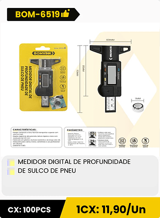 MEDIDOR DIGITAL DE PROFUNDIDADE DE SULCO DE PNEU CX: 100PCS 1CX: 11,90/Un