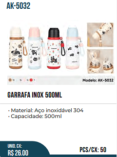 garrafa inox 500ml UNID. CX: R$ 26.00 PCS/CX: 50