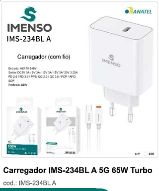Carregador 5G 65W Turbo 100PC/CX R$31,5