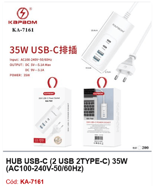 HUB USB-C (2 USB 2TYPE-C) 35W (AC100-240V-50/60Hz) R$ 7,2 PCS/cx:200